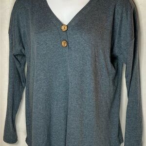 Charcoal Blue Button-Accent V-Neck Long Sleeve Top
